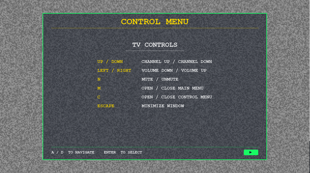 Retro TV Emulator control menu showing keyboard controls