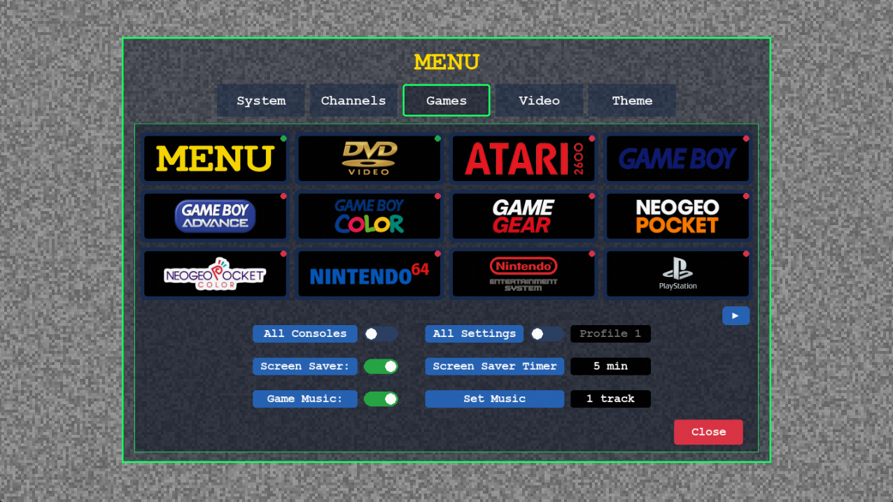 Retro TV Emulator games and DVD menu