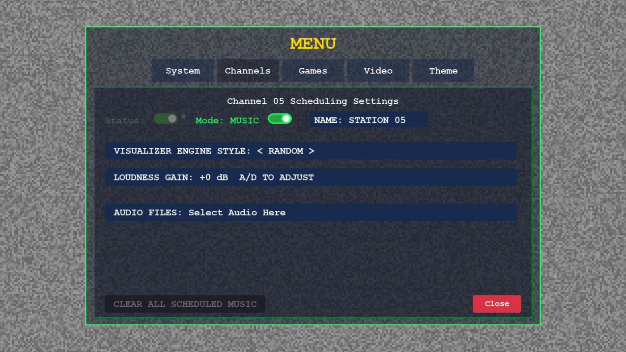 Retro TV Emulator music visualizer channel settings