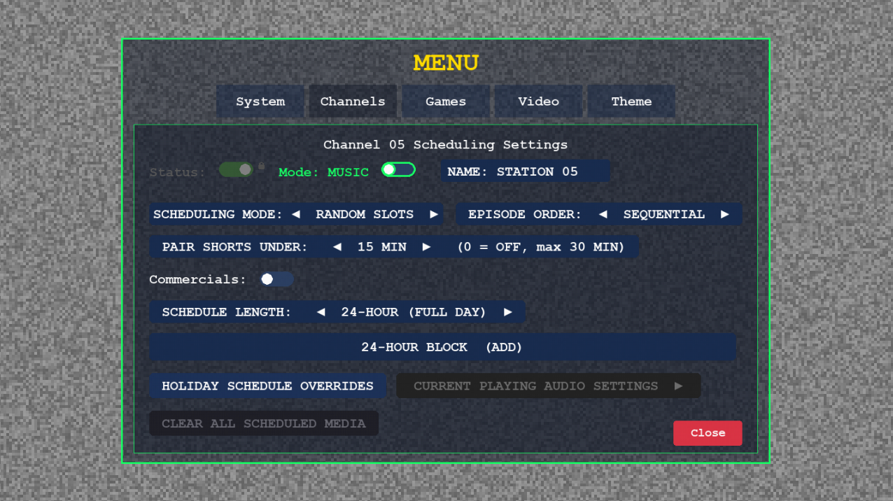 Retro TV Emulator channel scheduling settings