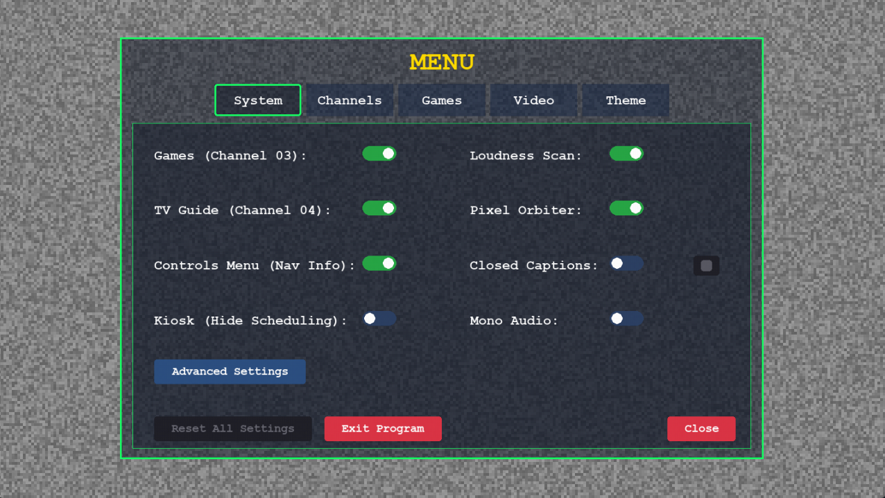 Retro TV Emulator system settings menu