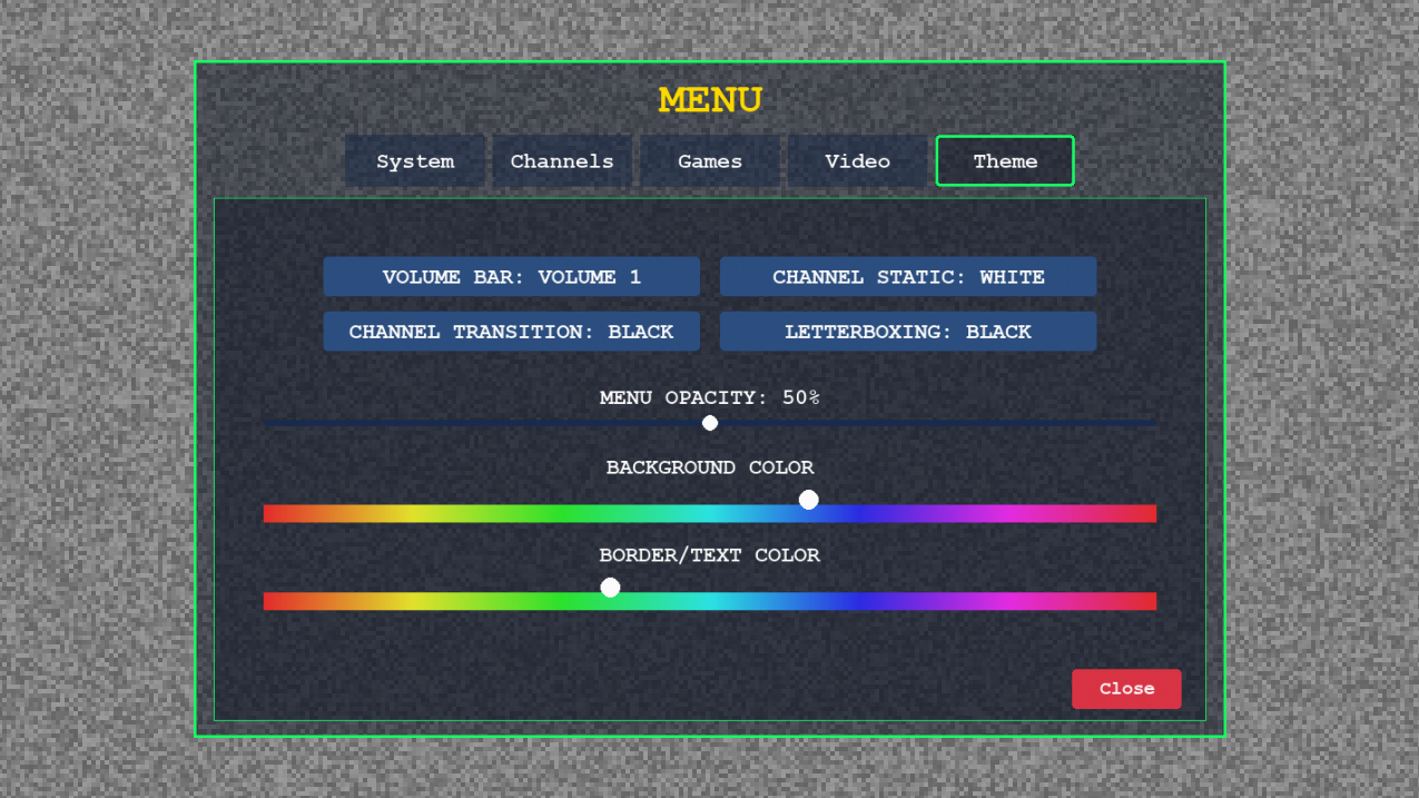 Retro TV Emulator theme settings with volume bar and color controls
