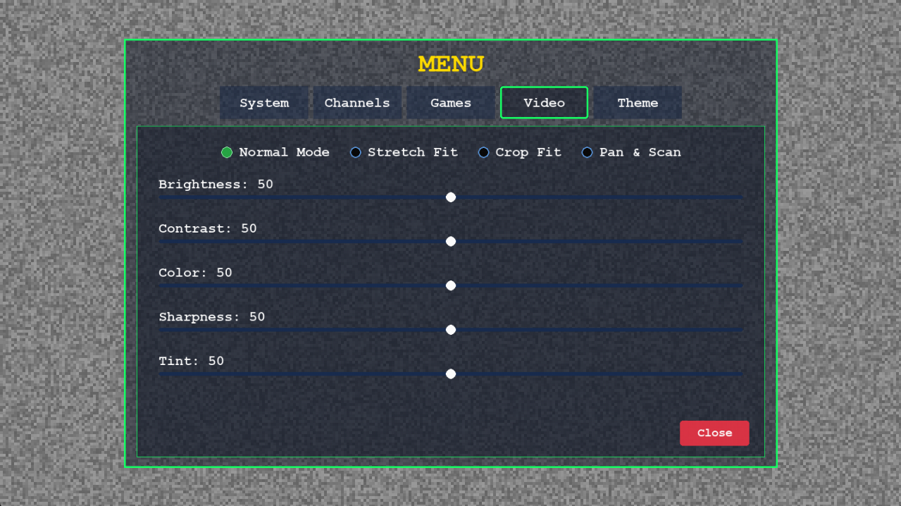 Retro TV Emulator video settings sliders